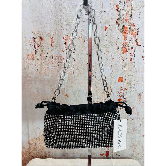 Jules Kae Black Satin Crystal Studded Chain Link Handled Clutch "Brea" NEW - Picture 2 of 5